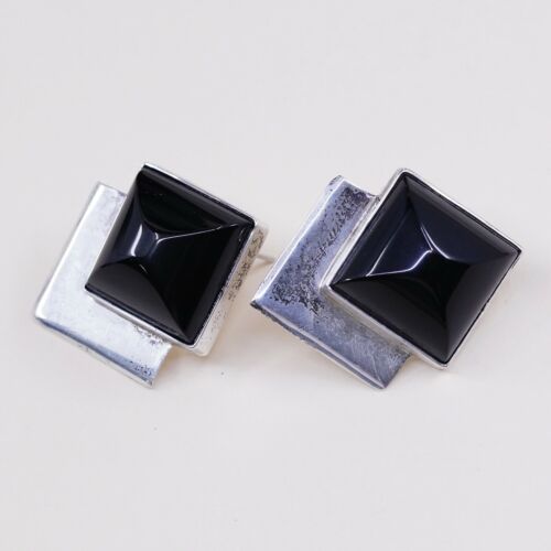 Vtg GFMW Modern Sterling Silver Handmade Earrings, 925 Square Studs W/ Obsidian