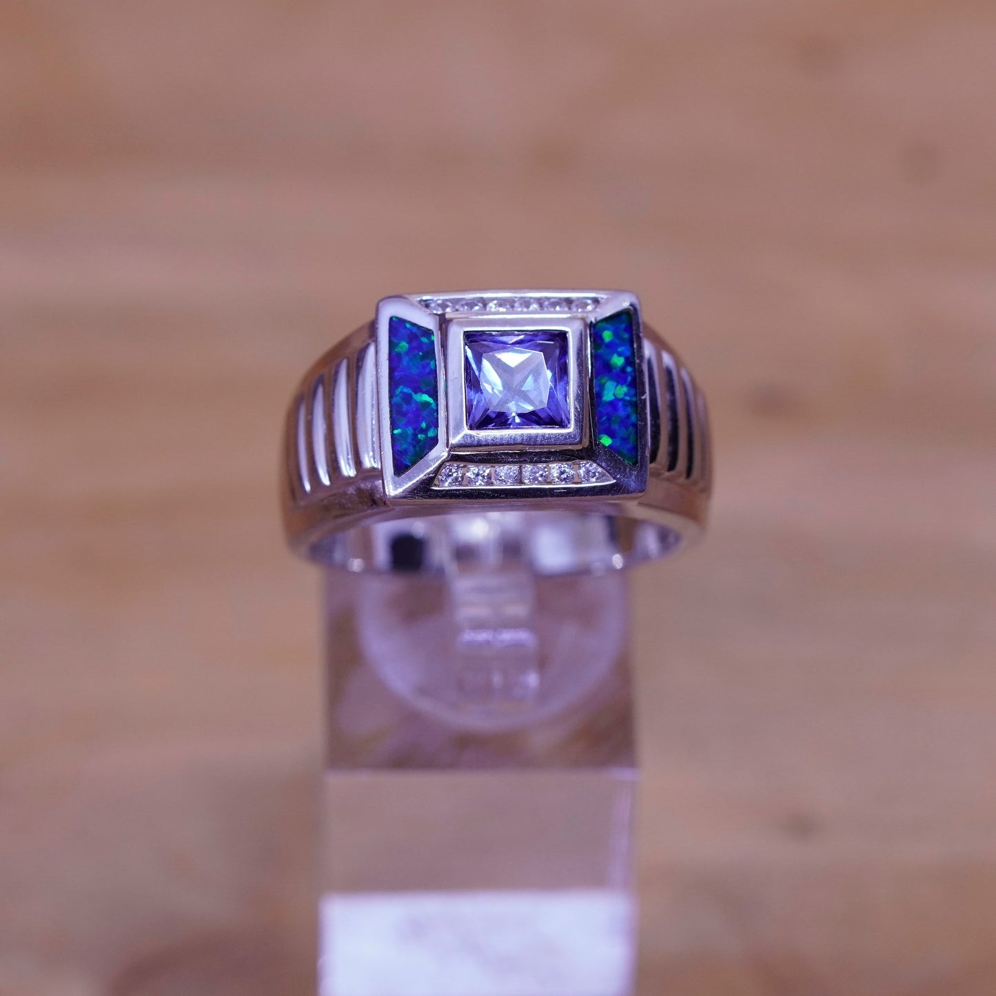 Size 12.25, Sterling silver handmade ring, 925 band with fire opal clear Cz