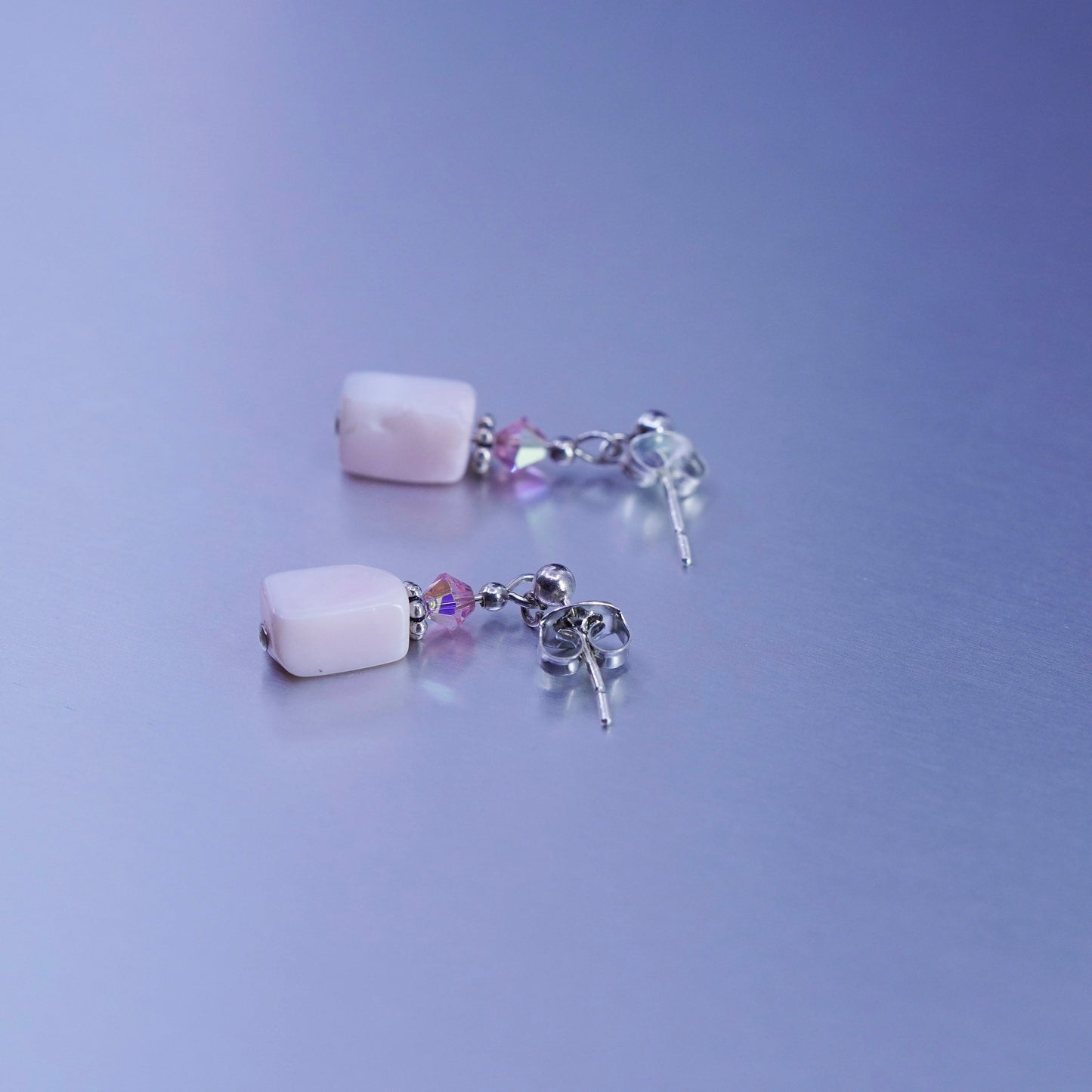 Vintage Sterling 925 silver handmade earrings with pink mother of pearl cube