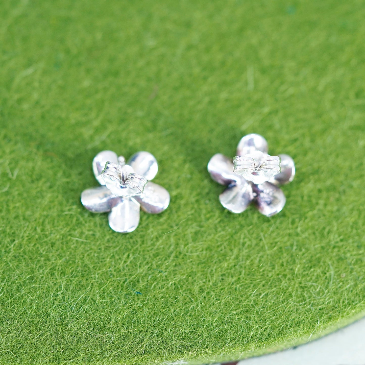 Vintage sterling 925 silver plumeria flower studs with clear cz, earrings