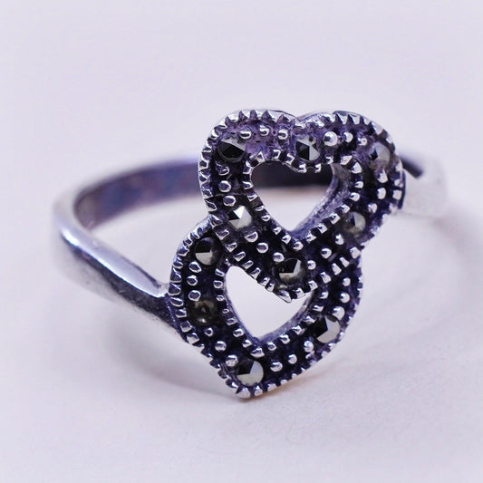 Size 5.75, vintage Sterling silver handmade ring, 925 heart with marcasite