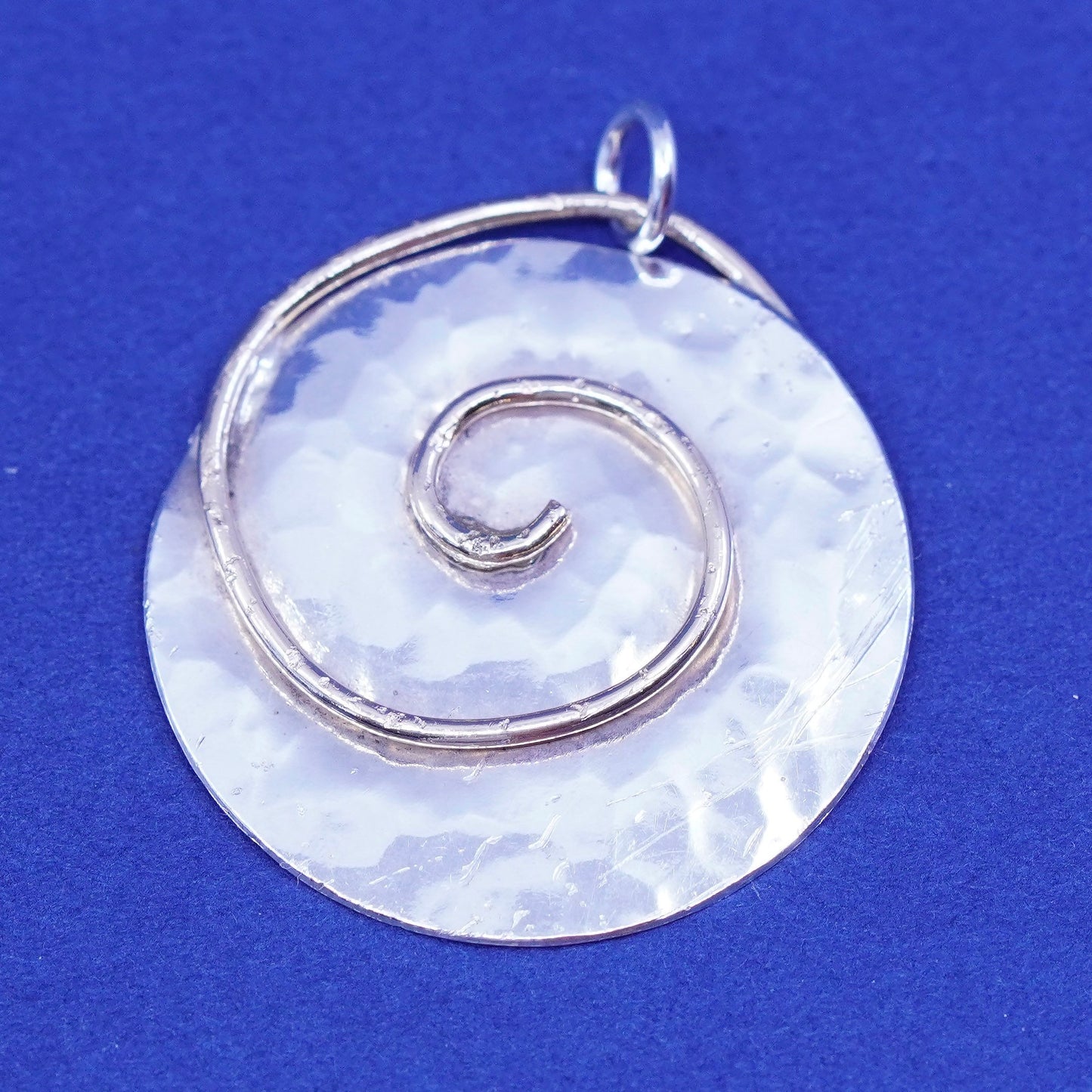two tone Sterling silver pendant, 925 hammered circle charm with brass swirl