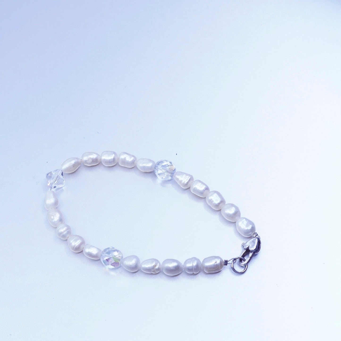 7.25”, vintage Sterling 925 silver bracelet with freshwater pearl and crystal