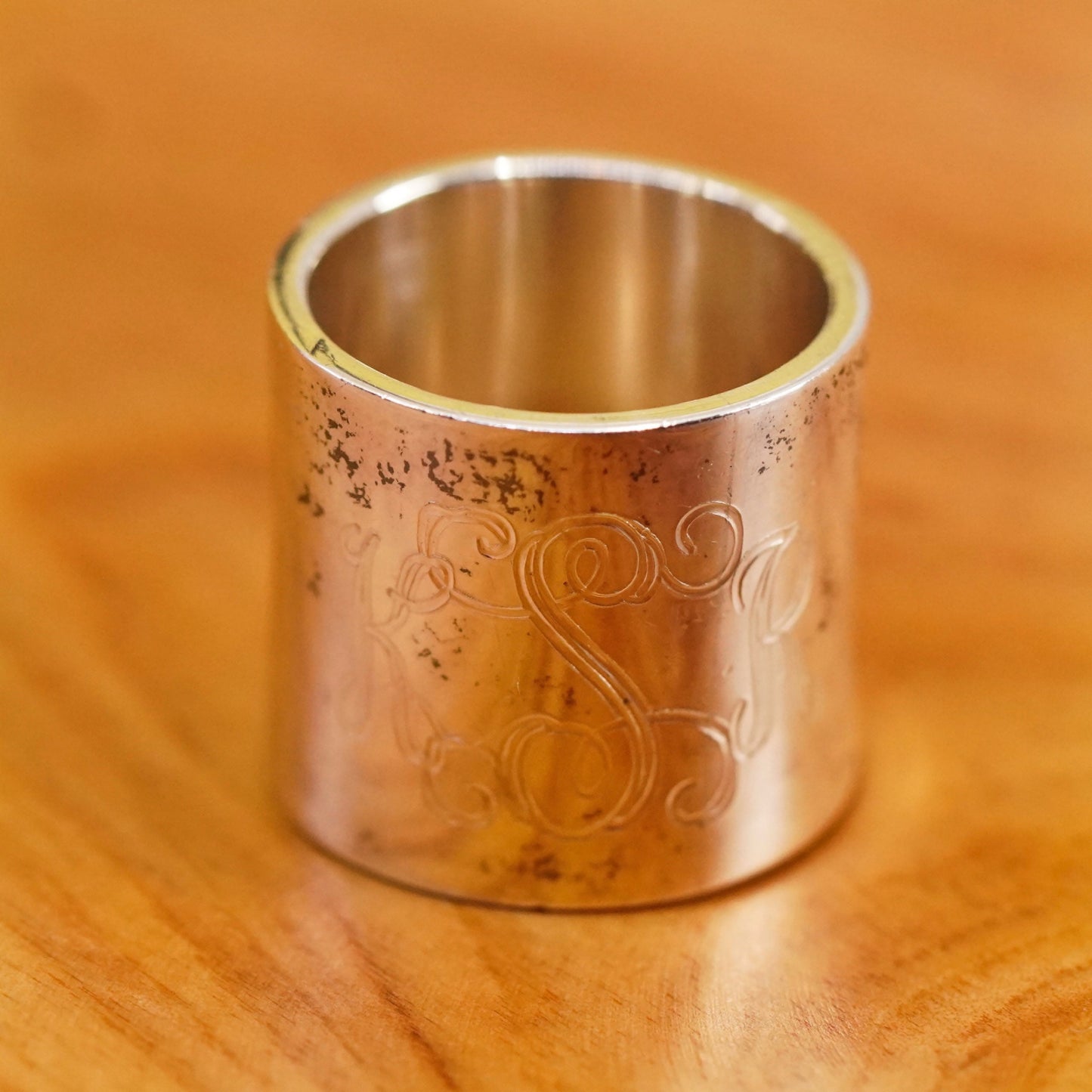 Size 5.25, Mexico Sterling 925 silver ring, wide monogram band engraved “KSR”