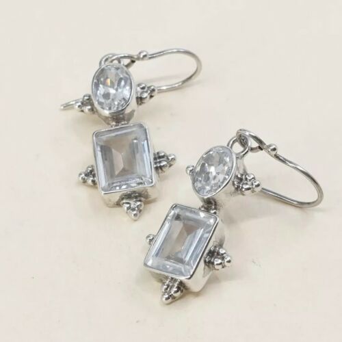 Vtg Sterling silver Handmade earrings w/ Clear Cz Drop Details, Stamped 925