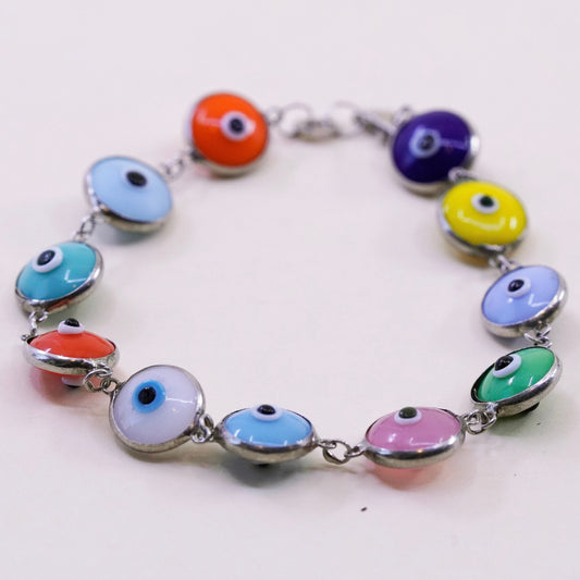 6.75”, vintage handmade sterling silver bracelet, colorful glass evil eye beads