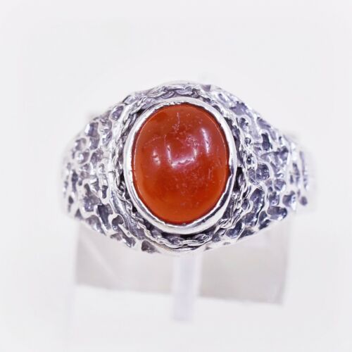 Sz 10.5, Vtg Sterling Silver Handmade Ring, 925 Statement Ring W/ Carnelian