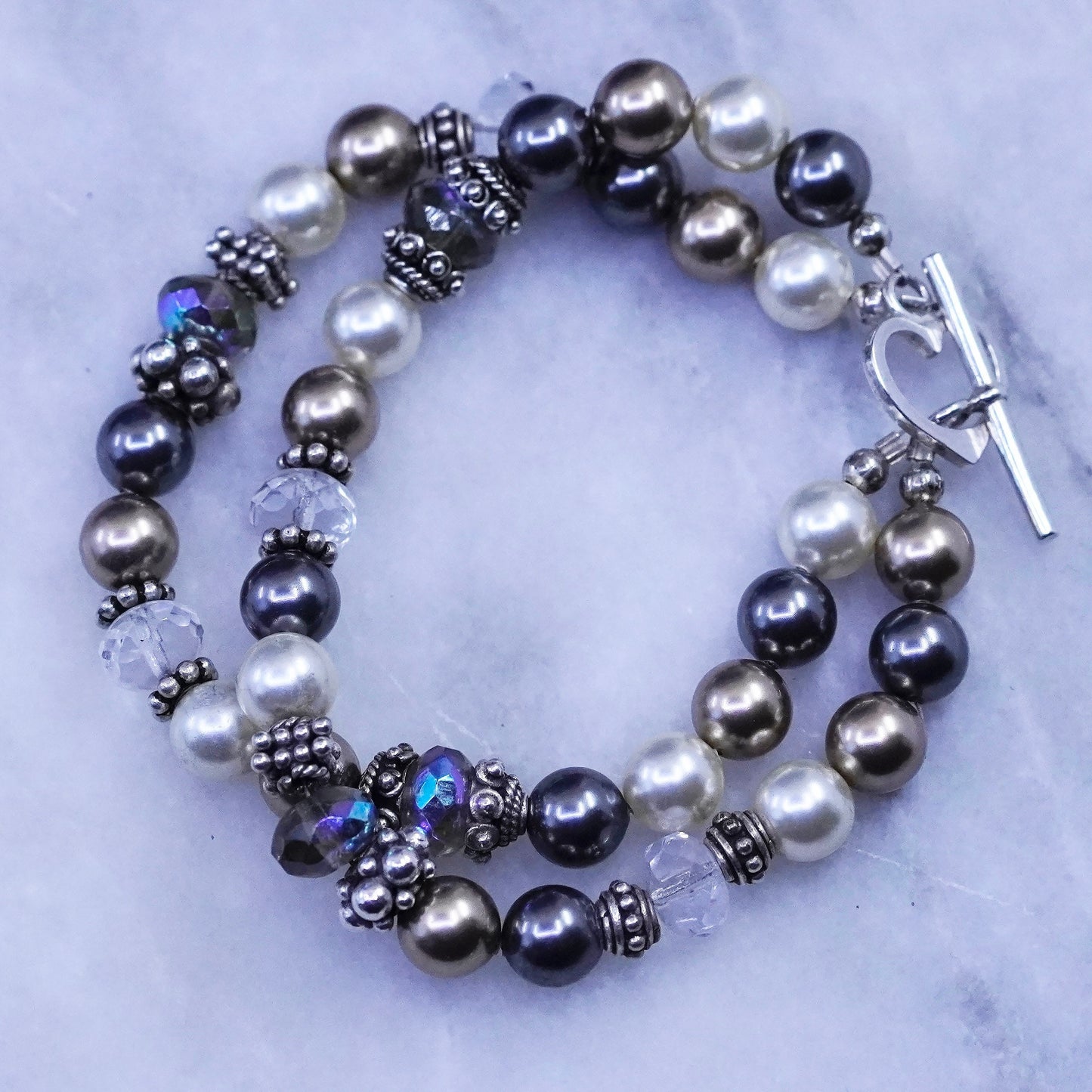 6.5”, vintage sterling 925 silver handmade bracelet, genuine pearl beads heart