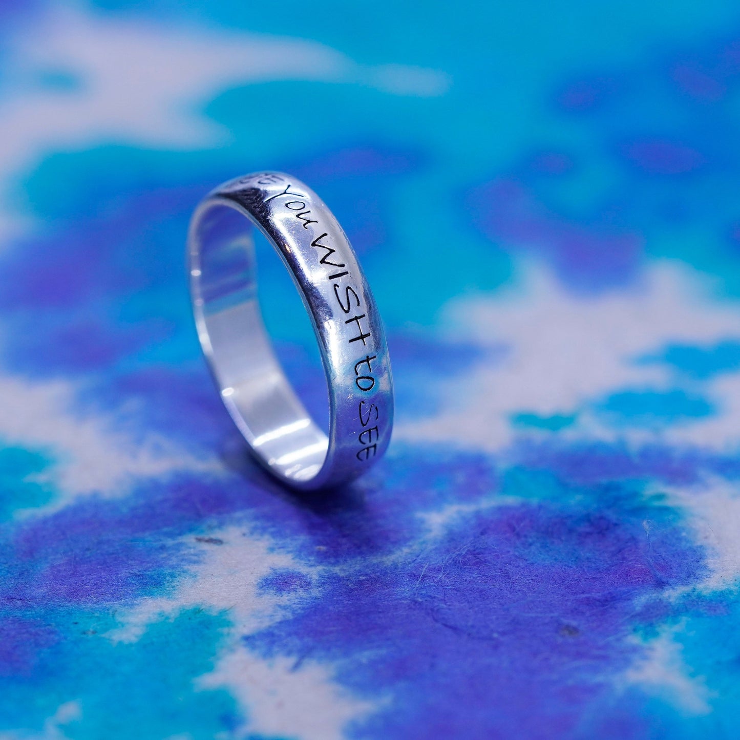 Size 7.25, Sterling silver ring, 925 stackable band "be change you want to see