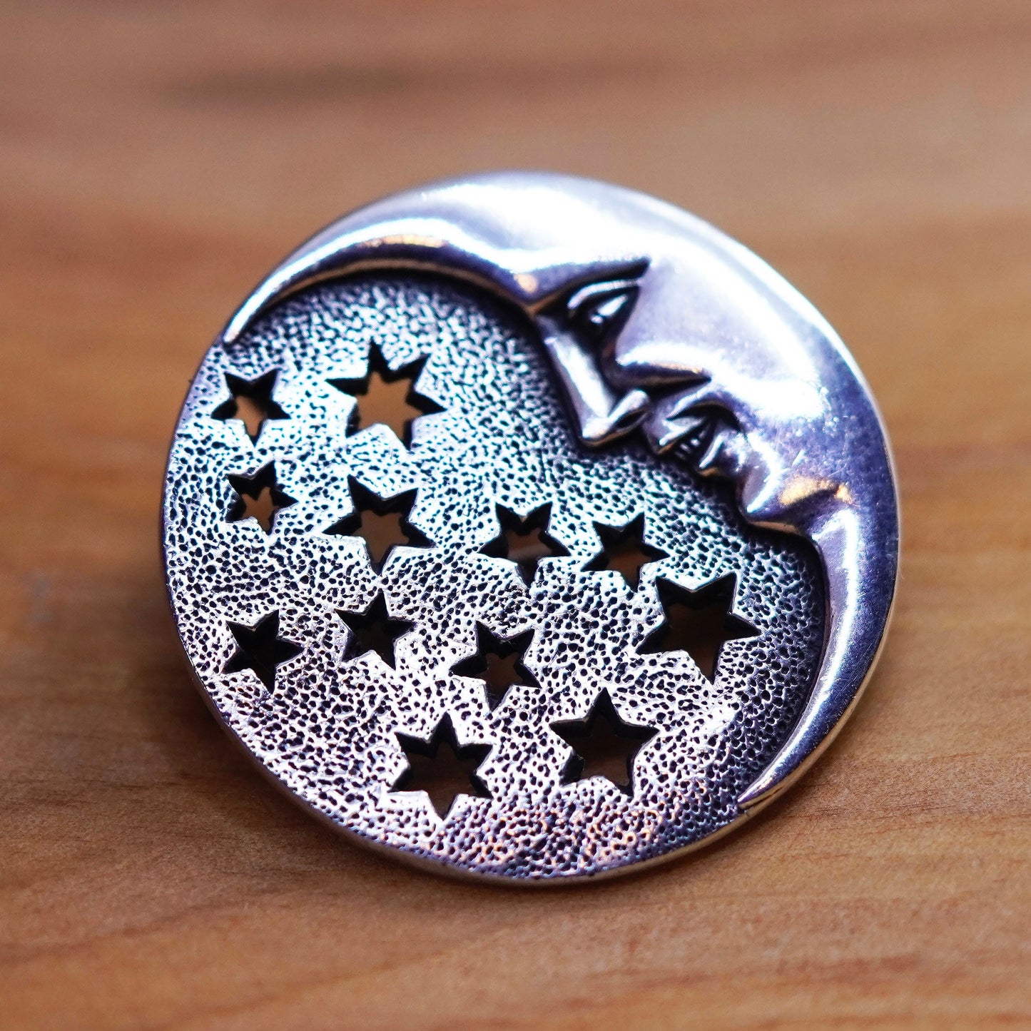 Vintage handmade sterling 925 silver moon face brooch with stars
