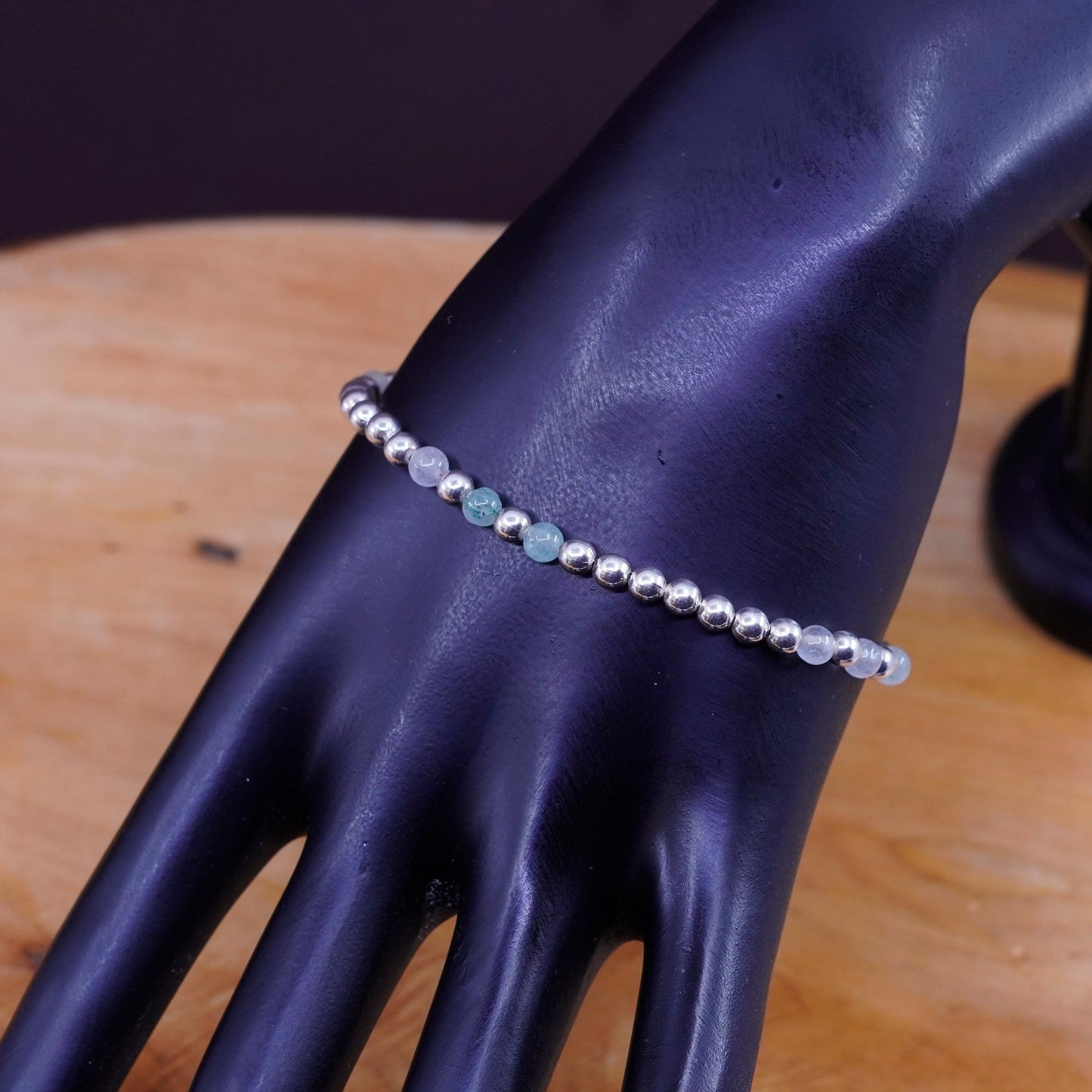 7.5”, Vintage Sterling silver handmade bracelet, 925 beads with jade