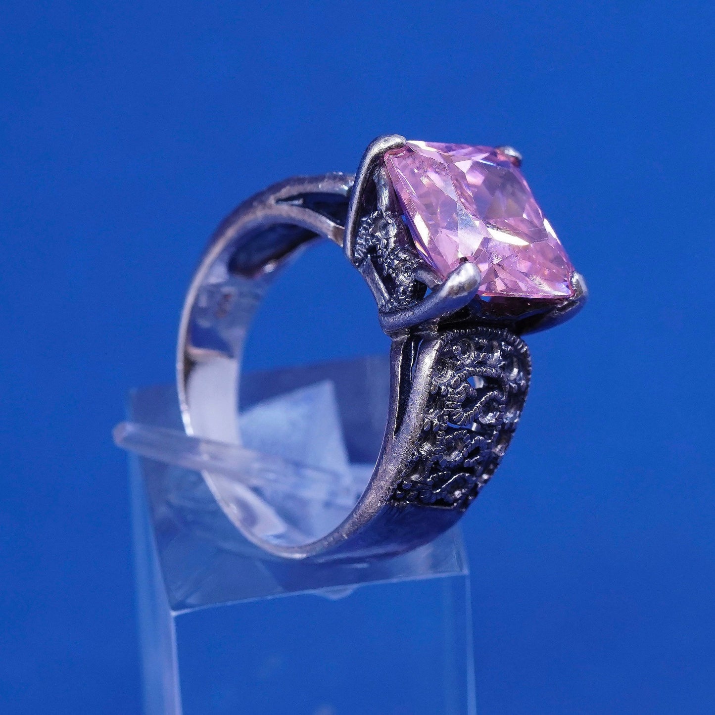 sz 8.25 vtg WS Sterling silver handmade statement ring, 925 w/ pink crystal