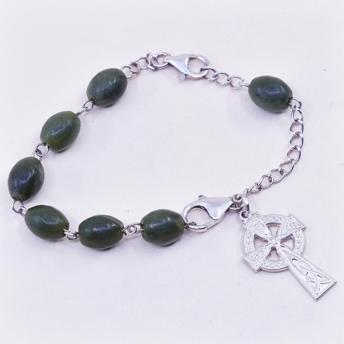 6.25”, vtg sterling silver snake bracelet, 925 chain jade Irish cross charms
