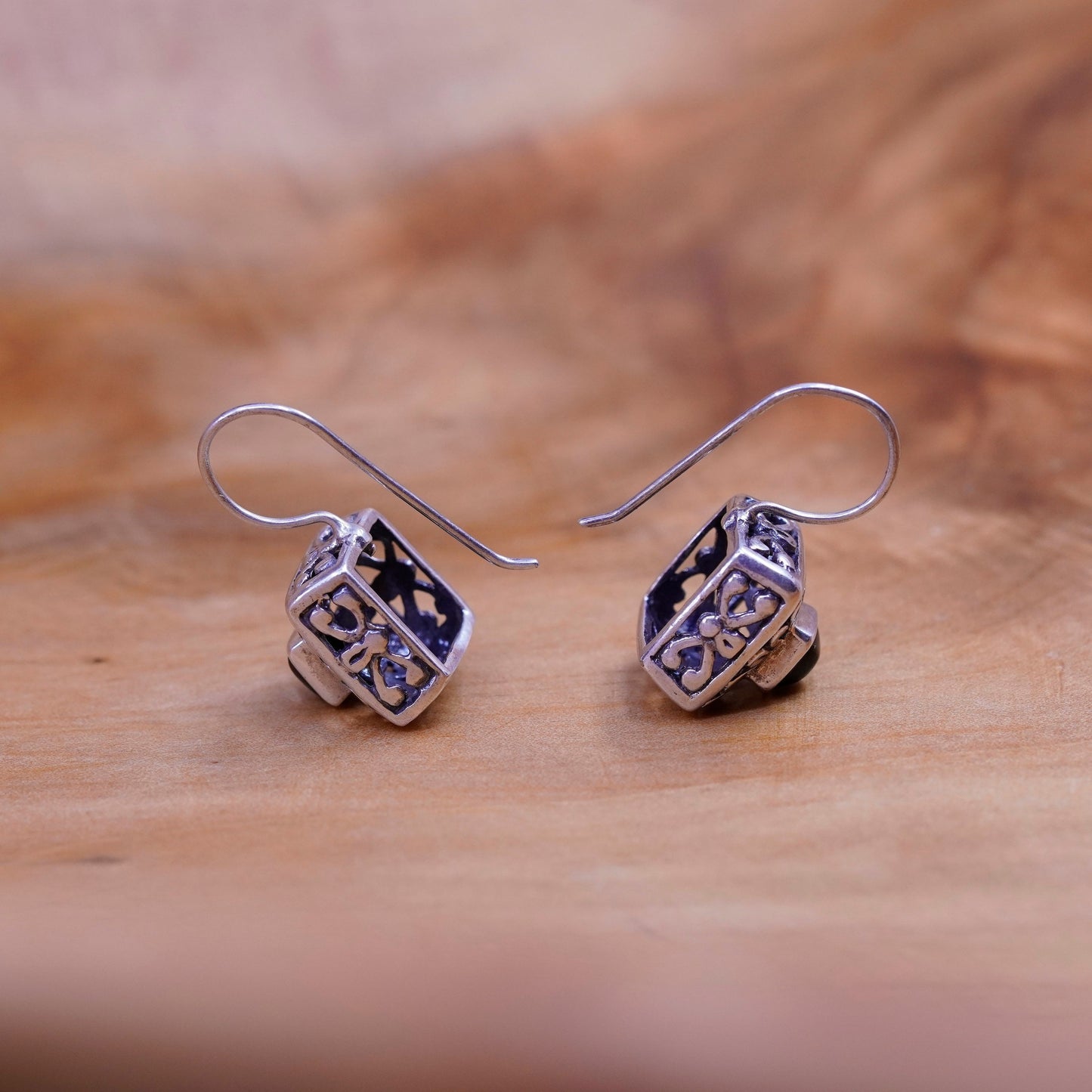 Vintage Sterling 925 silver handmade earrings with square obsidian and beads