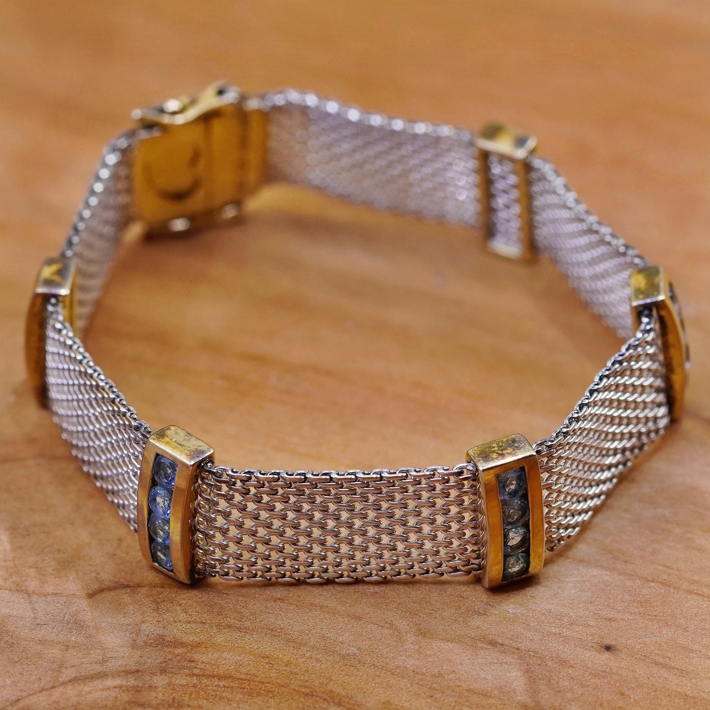7”, Vintage two tone Sterling 925 silver handmade bracelet, mesh chain topaz