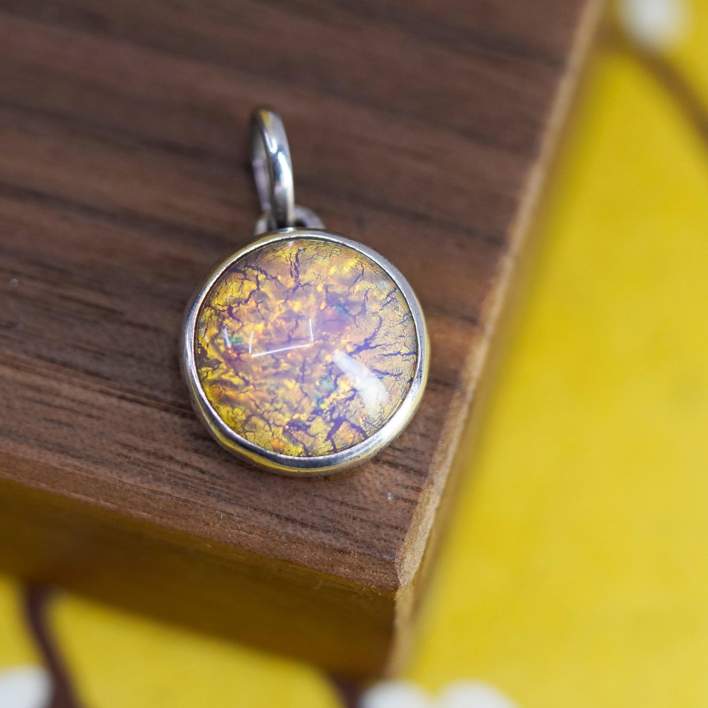 Vintage Sterling silver handmade pendant, 925 circle with orange foil glass