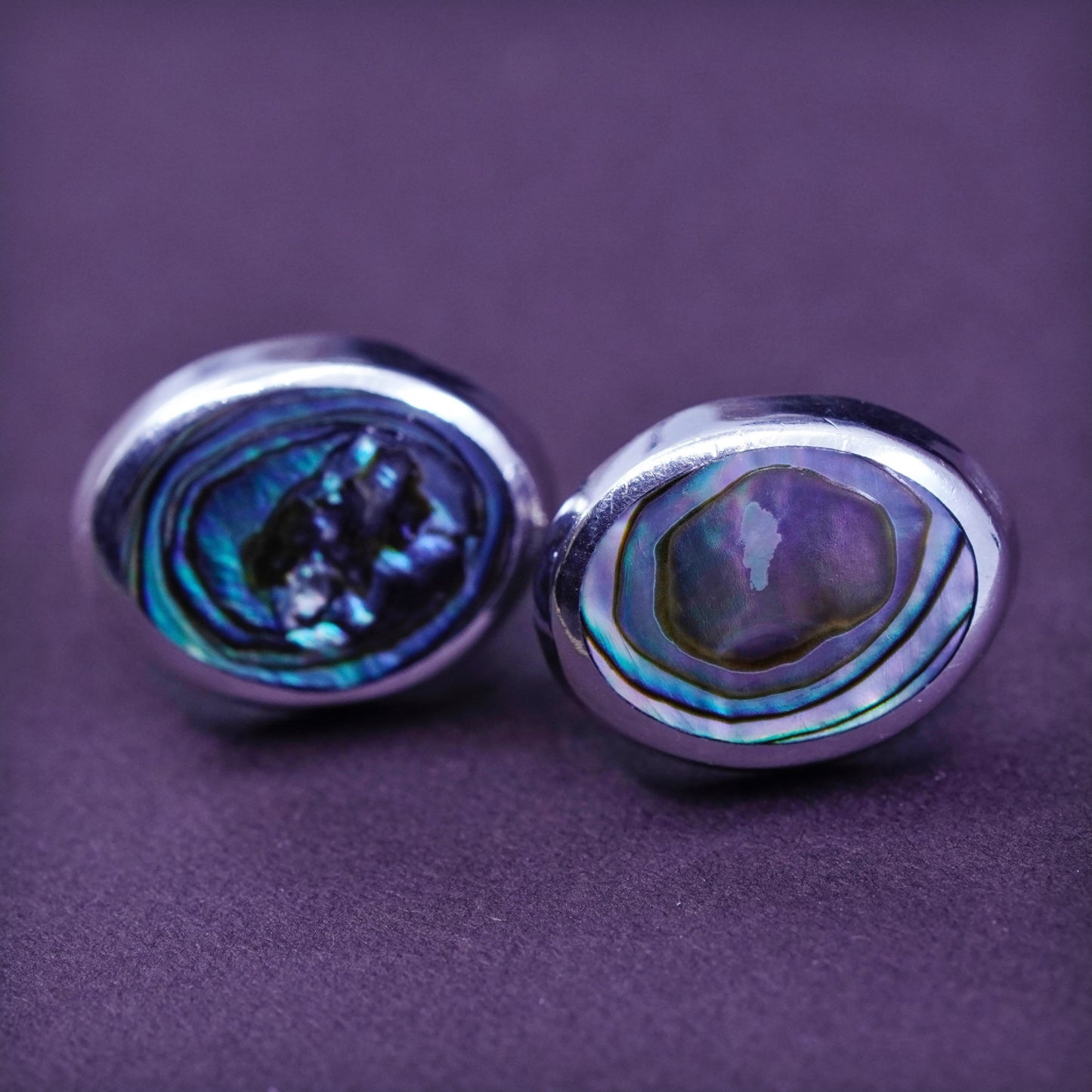 Vintage Sterling Silver Handmade Earrings, oval 925 studs with abalone