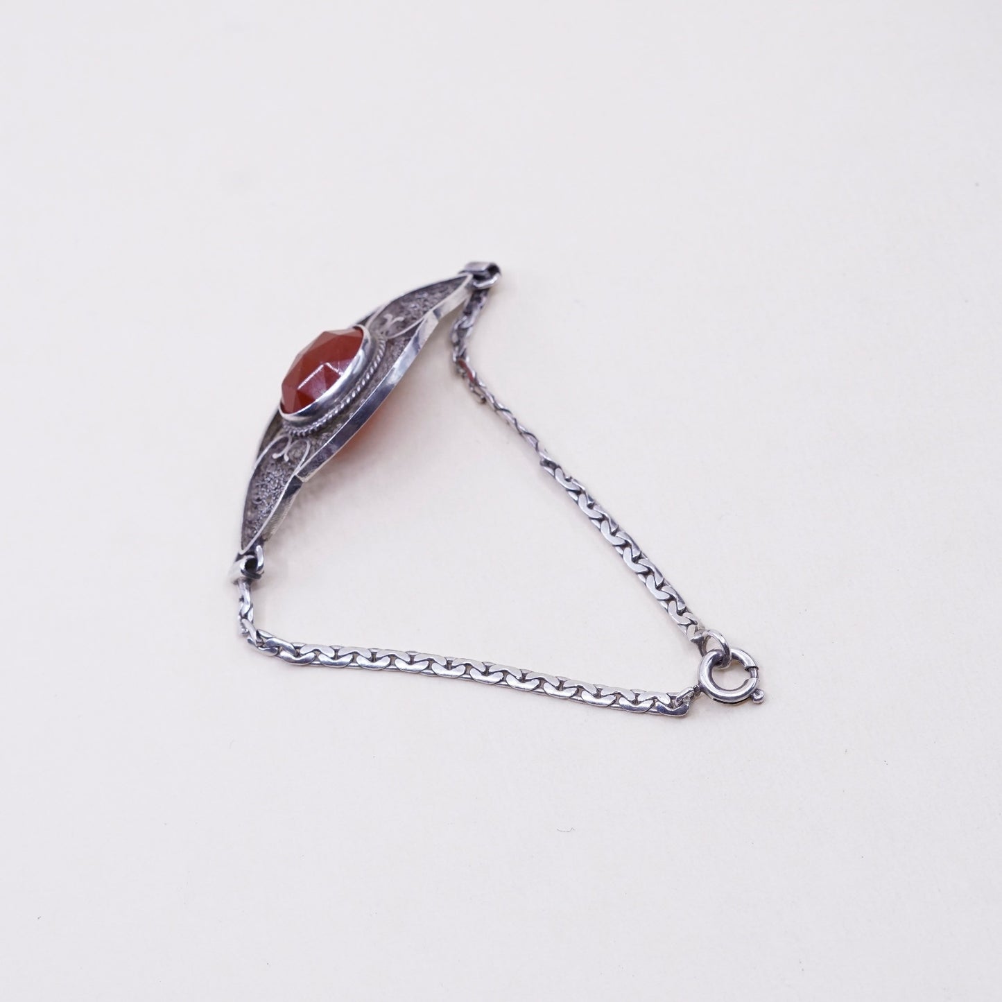 7”, Vintage Sterling silver handmade bracelet, 925 filigree with carnelian
