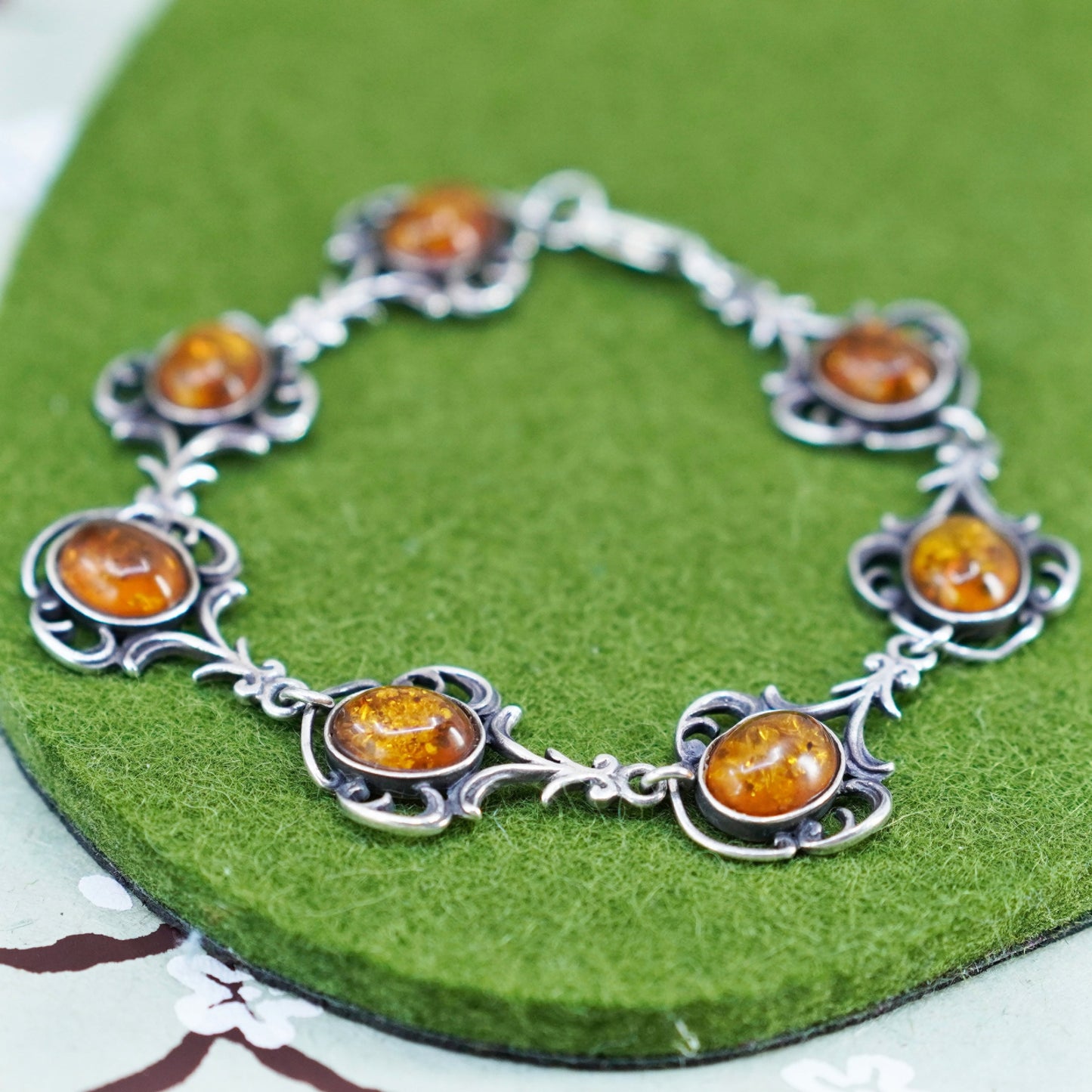 7.5”, Vintage sterling 925 silver handmade tennis bracelet with amber