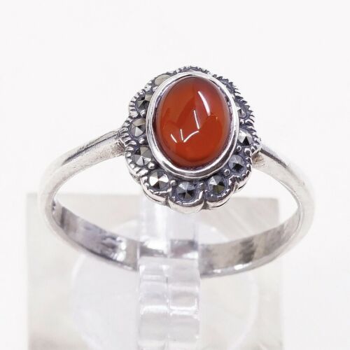 Sz 9.5, Vtg Sterling Silver Handmade Ring, 925 Statement Ring W/ Carnelian