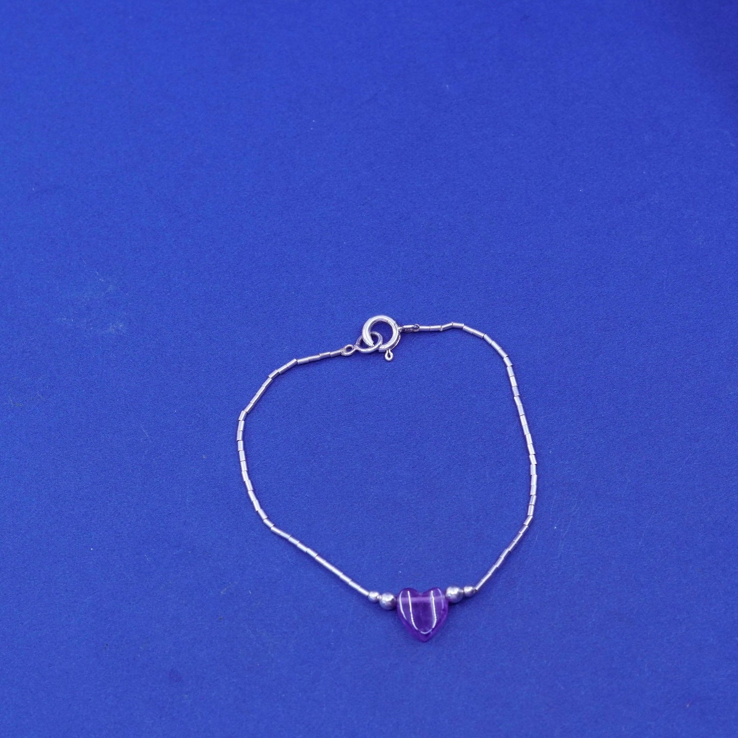 6.25”, vtg sterling handmade bracelet, 925 liquid silver chain amethyst heart