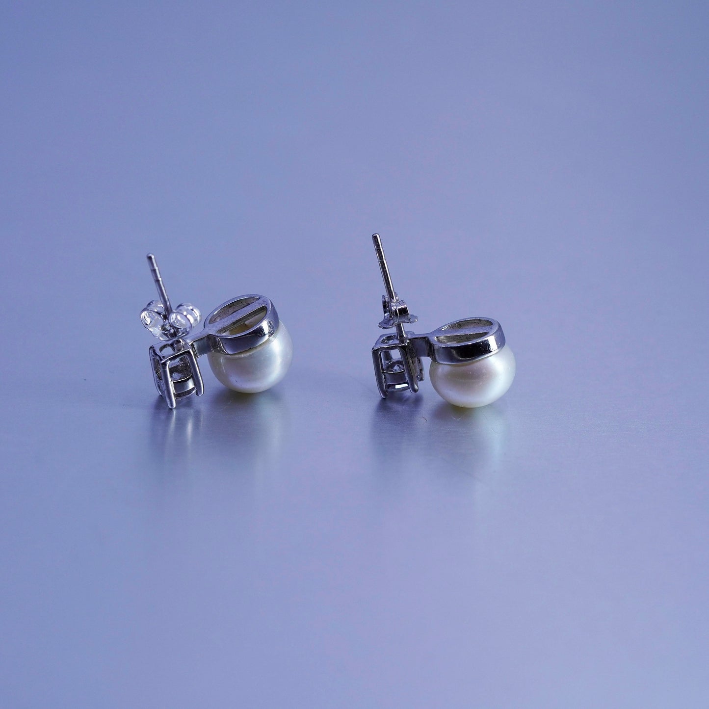 8mm, Vintage Sterling 925 silver handmade earrings, studs with pearl and cz