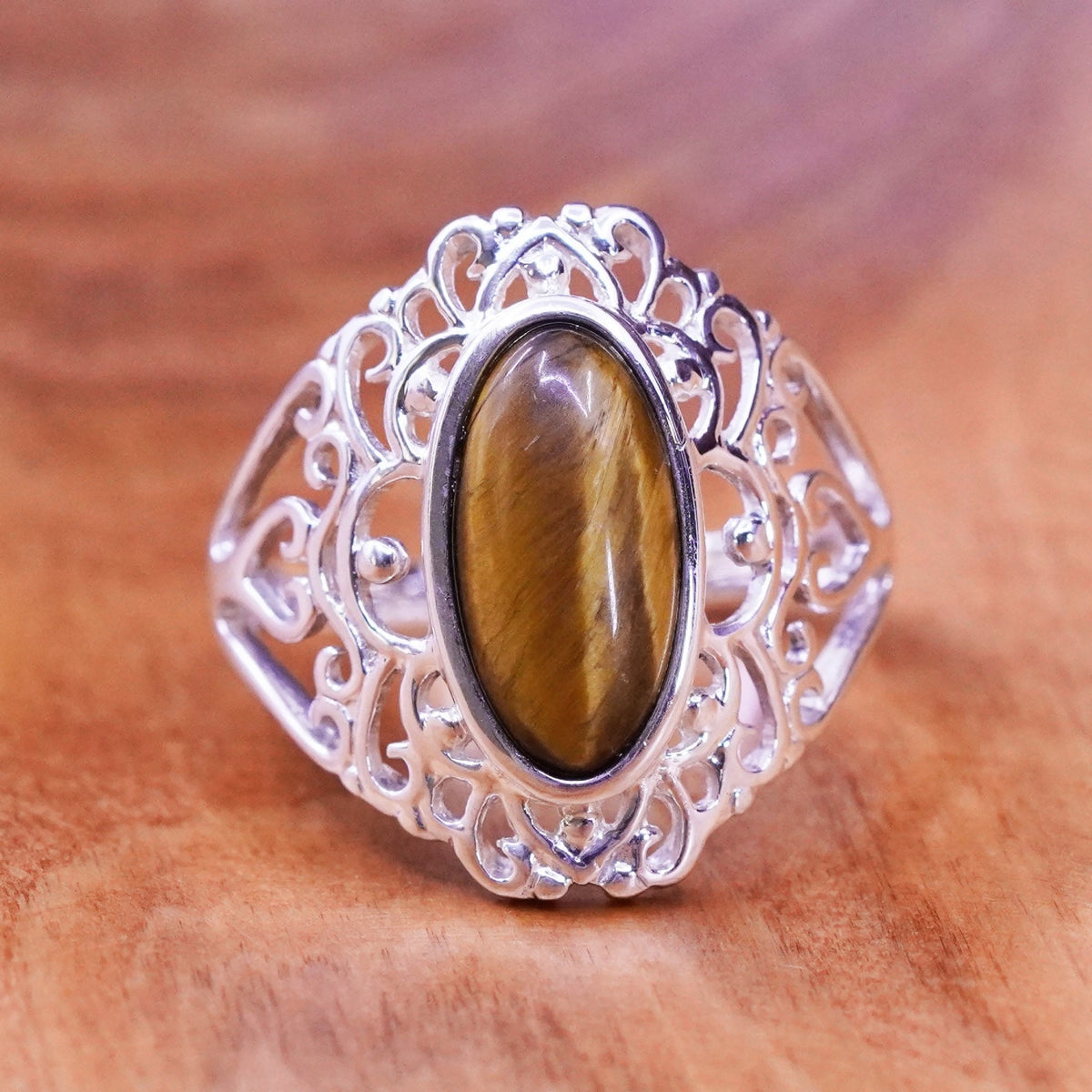 Size 9.25, vintage Sterling 925 silver handmade filigree ring golden tiger eye