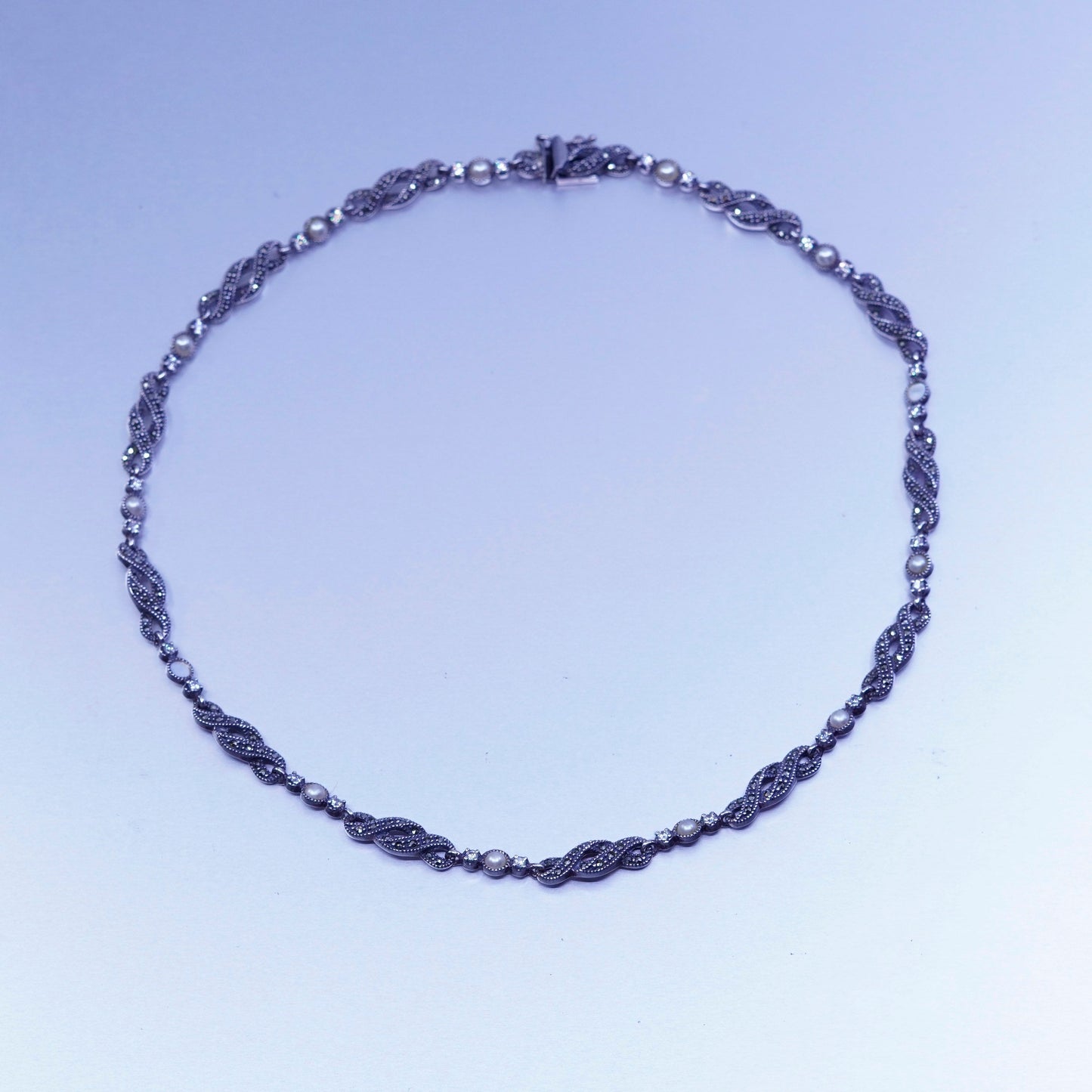 16”, Judith Jack Sterling 925 silver wavy chain tennis necklace Marcasite pearl