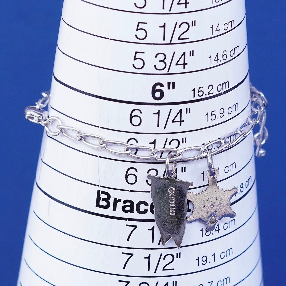 6.5", vtg Sterling silver handmade bracelet, 925 elongated chain w/ 5 charms