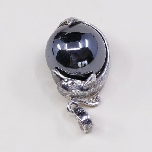Vtg 925 Sterling Silver Handmade dolphin Pendant W/ Hematite Bead