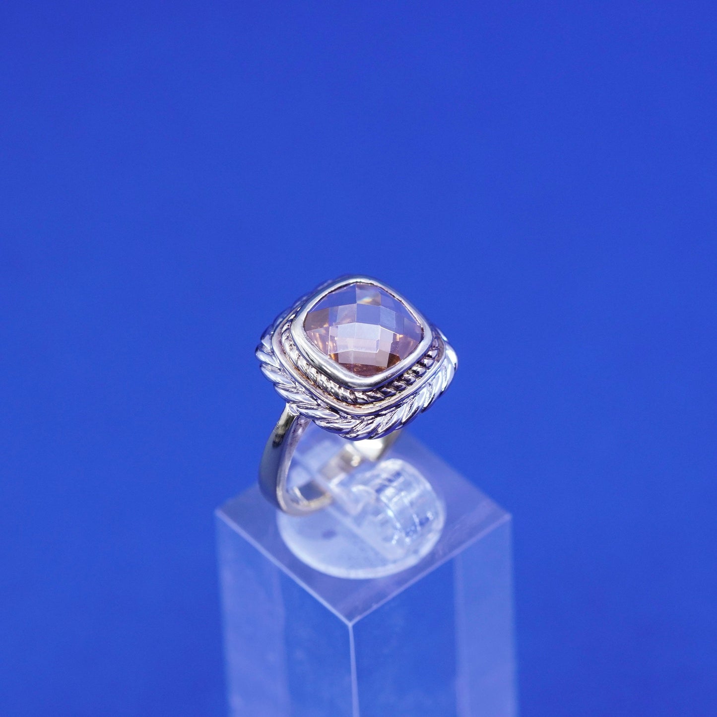 Size 7.25 vintage two tone Sterling 925 silver ring with cushion cut citrine