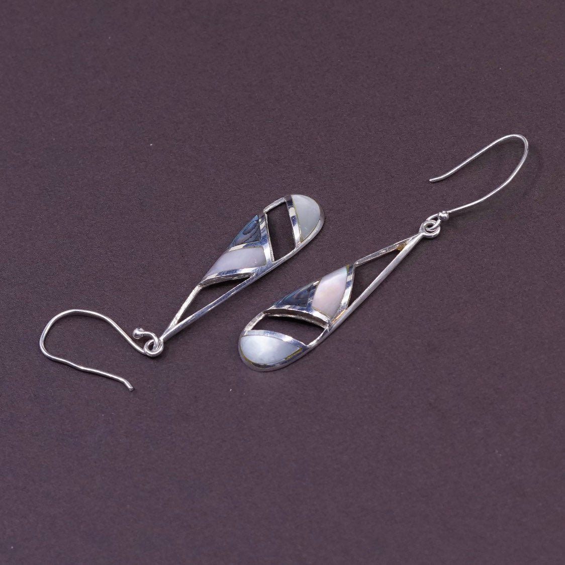 vtg Sterling silver handmade earrings, 925 teardrop dangle w/ abalone N MOP
