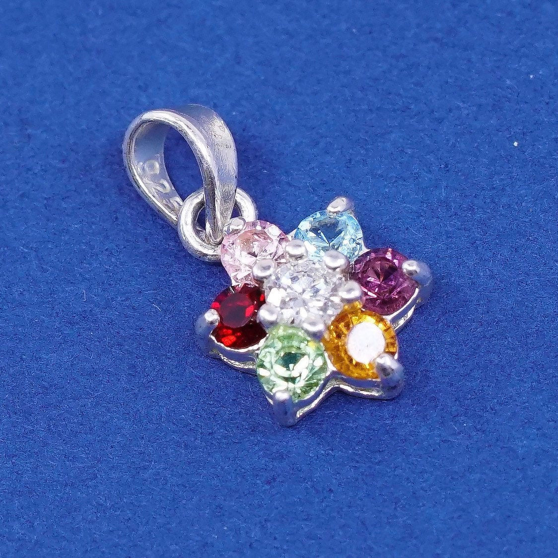 vtg Sterling silver handmade pendant, 925 flower w/ colorful crystal