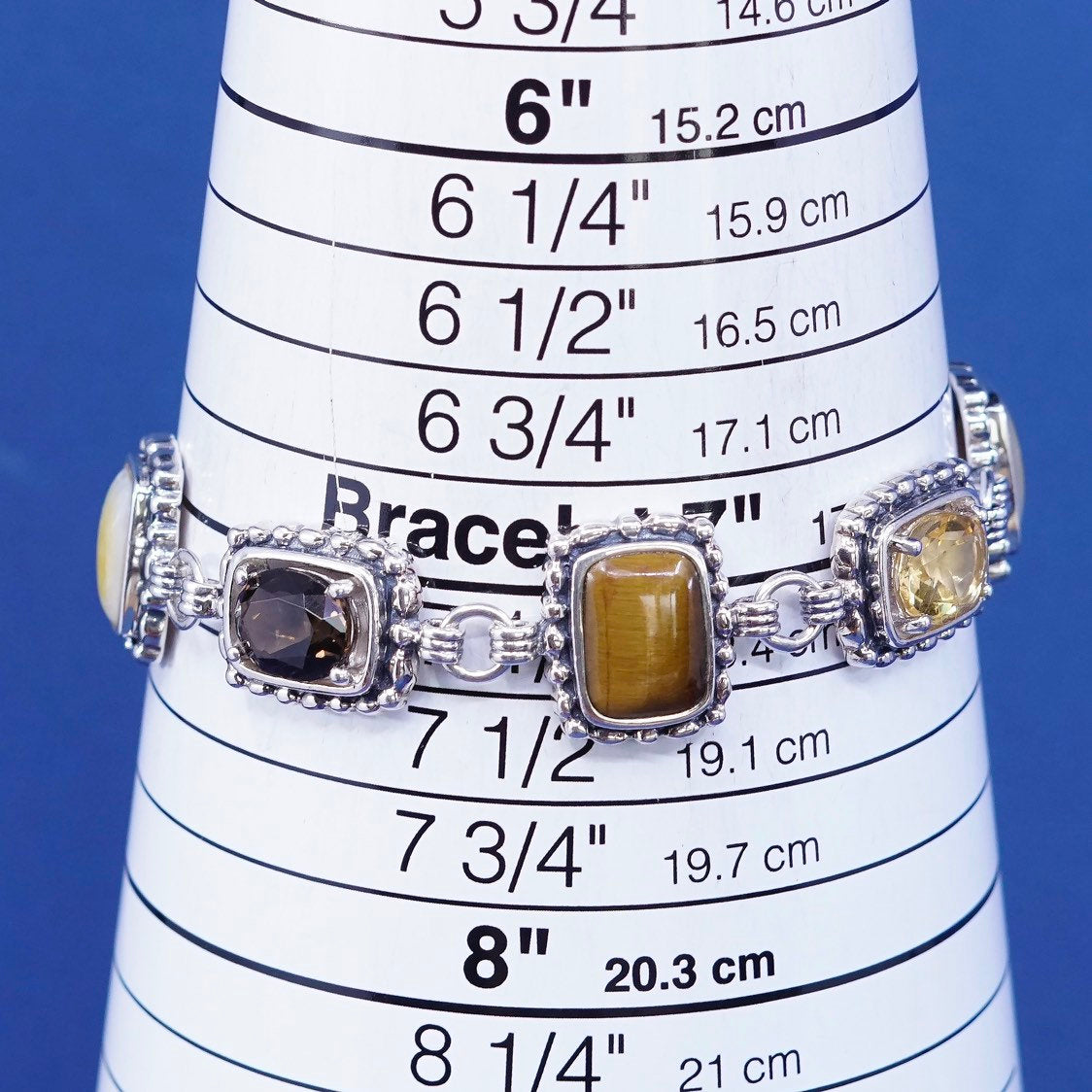 7.25", vtg sterling 925 silver handmade bracelet w/ mop, tiger’s eye N citrine
