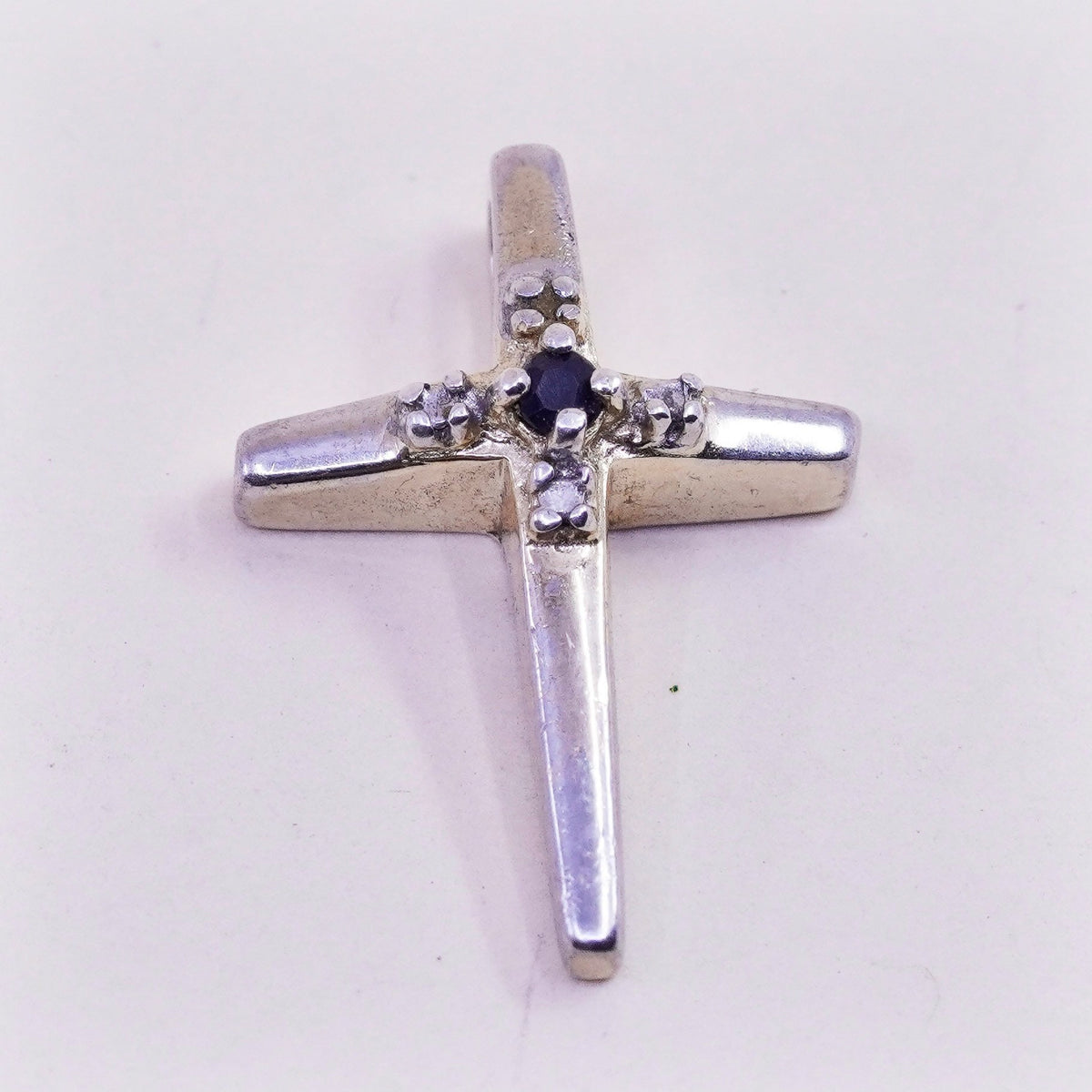 Vintage sterling 925 silver pendant, cross with genuine diamond and sapphire