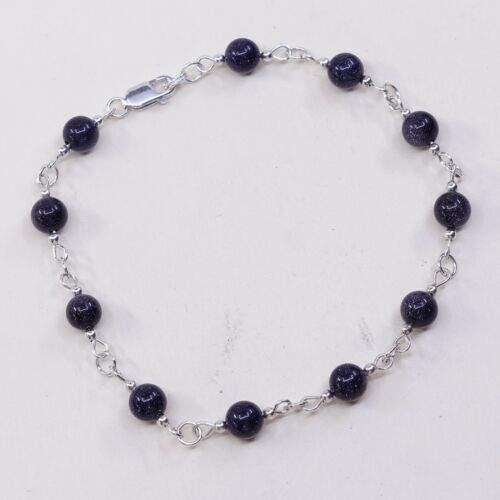 8”, Vtg Sterling 925 Silver Handmade Bead Bracelet, Purple Goldstone beads