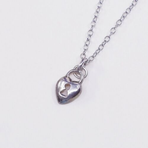 18” 1mm Vtg 925 Sterling 925 Silver Circle chain necklace W/ Heart Lock Pendant