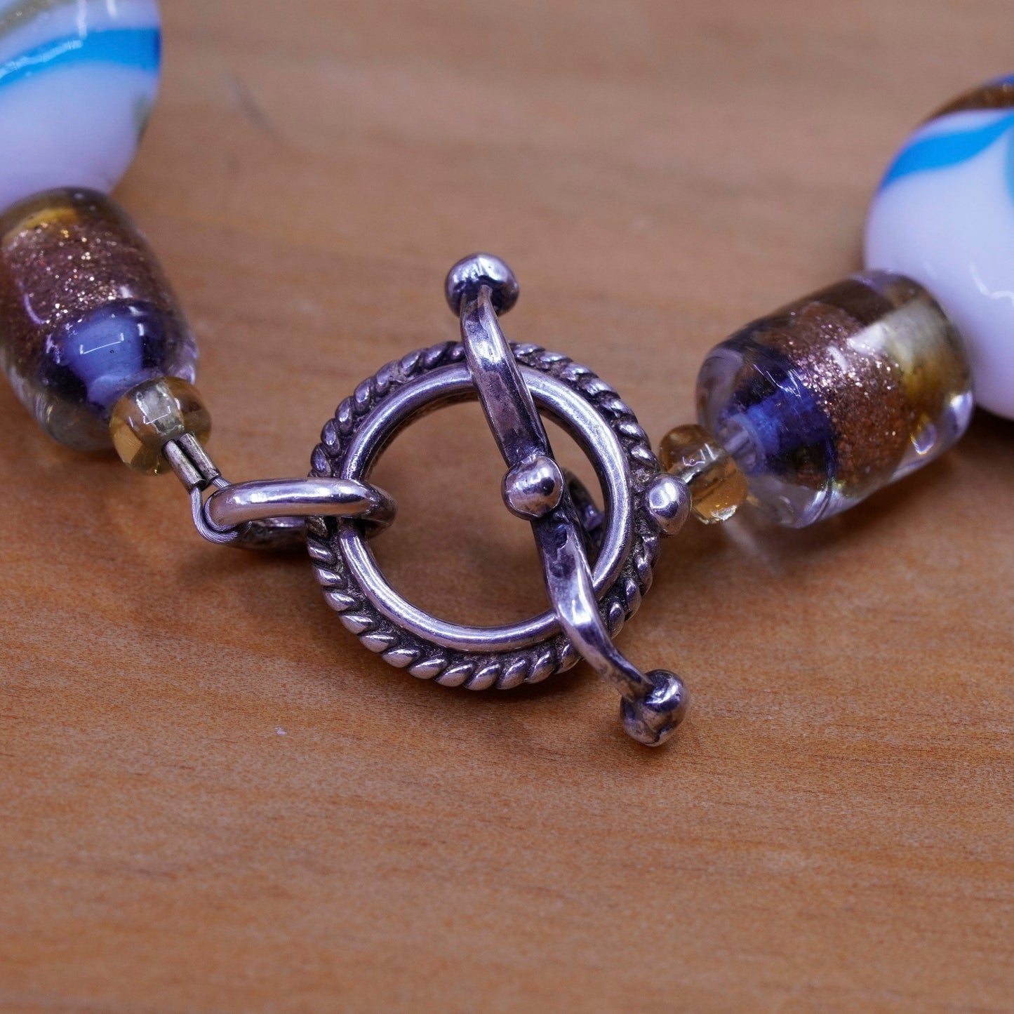 6.25”, Vintage handmade bracelet, blue artisan glass bead bracelet