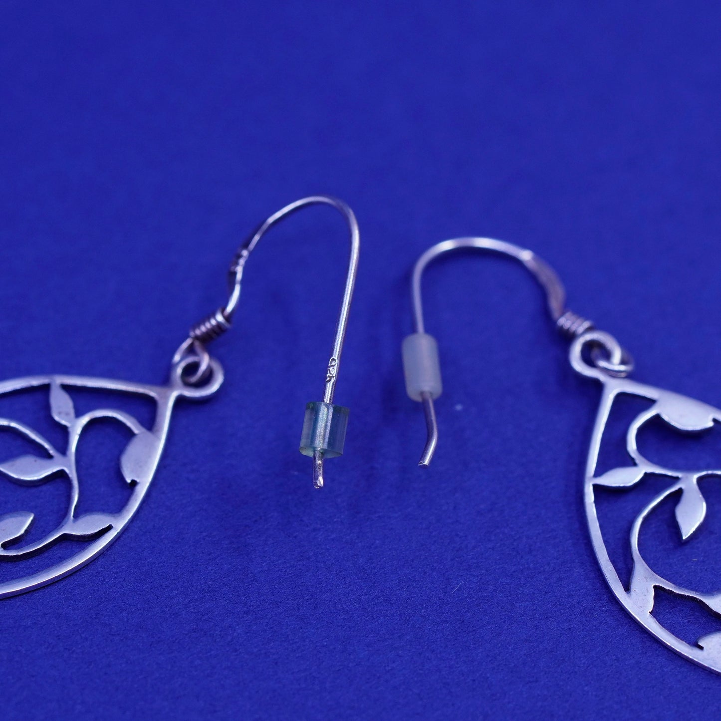Vintage sterling silver handmade earrings, 925 marquise drops with leaf cutout