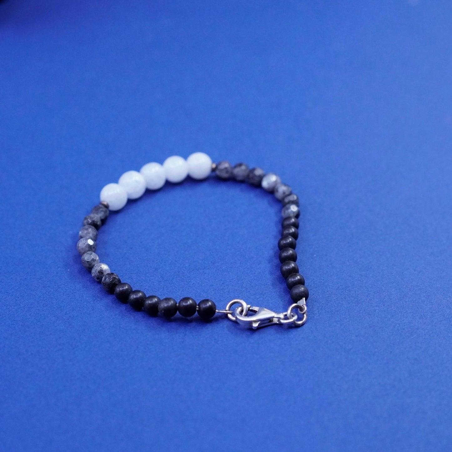 6.25”, vintage Sterling silver handmade bracelet with black and white quartz