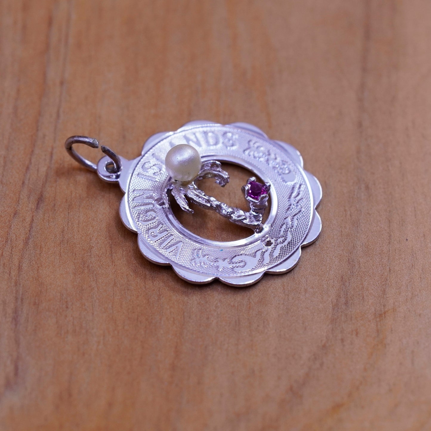 Sterling silver charm, 925 pendant engraved “Virgin Islands” Palm tree pearl