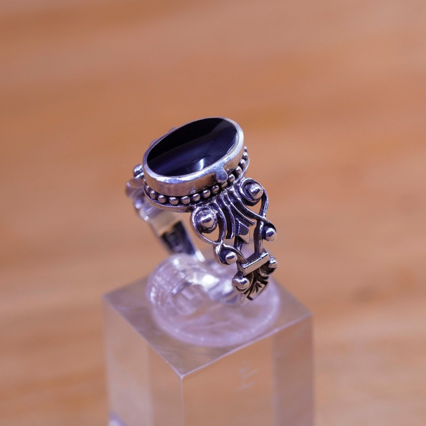 Size 8.25, Sterling 925 silver filigree prayer locket ring oval obsidian beads