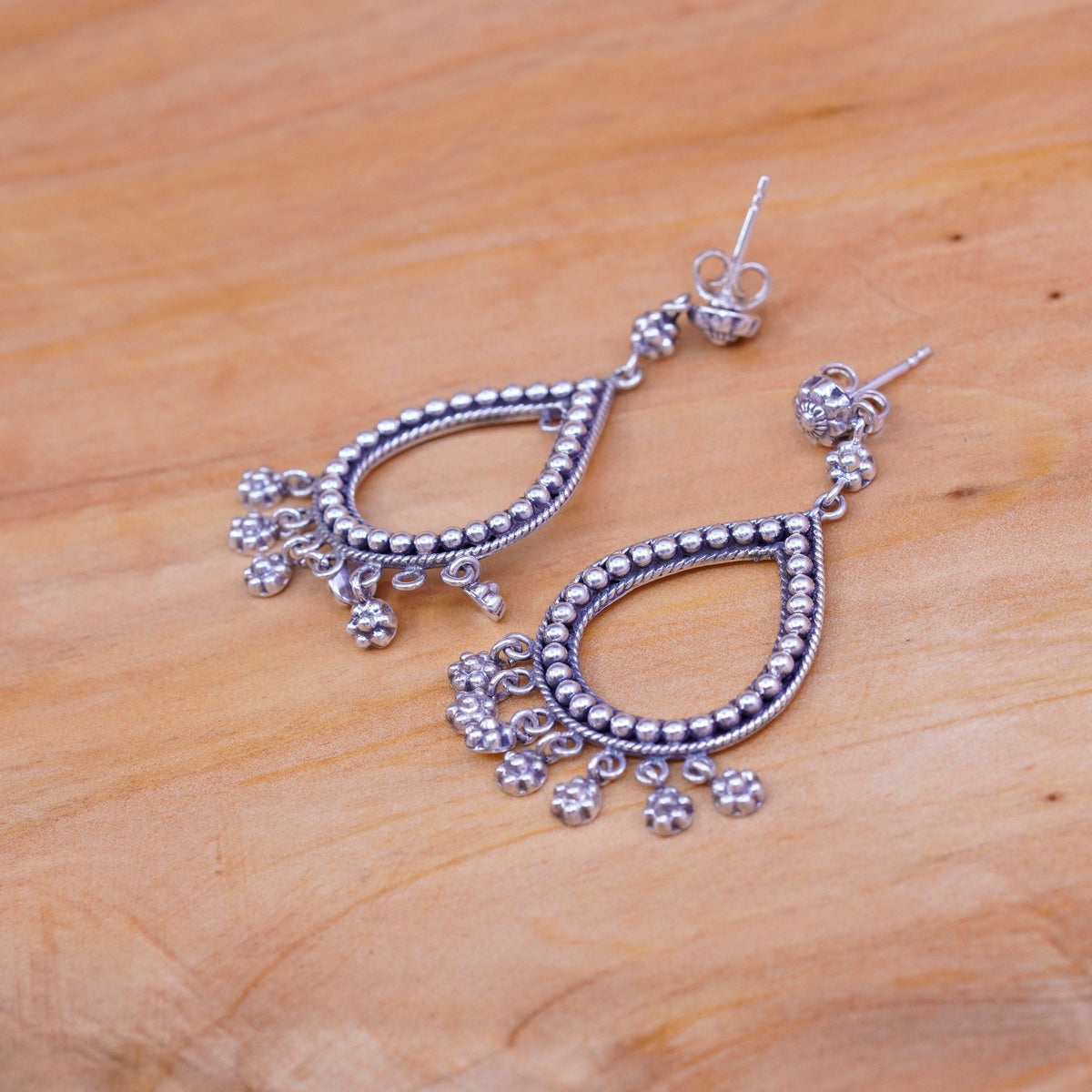 Sterling silver earrings, 925 teardrop with beads details and flower dangles