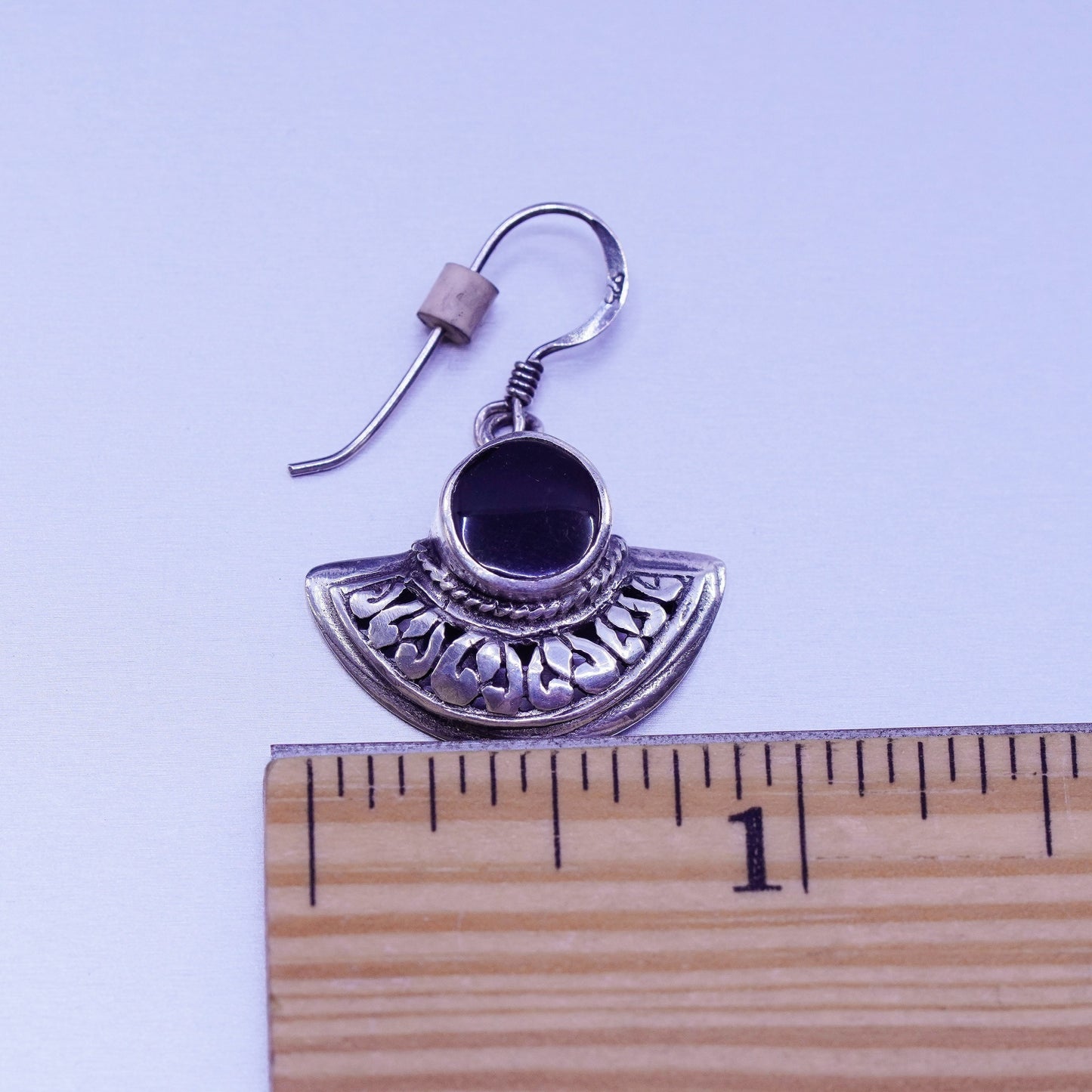 Vintage Sterling 925 silver handmade textured earrings with obsidian