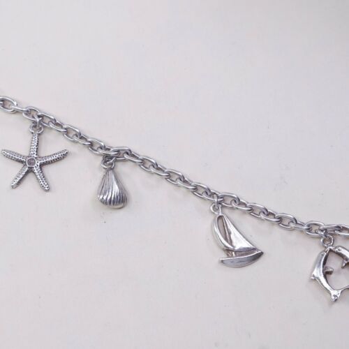 6.75” Sterling 925 Silver Handmade Bracelet, Starfish Shell Boat Dolphin charms