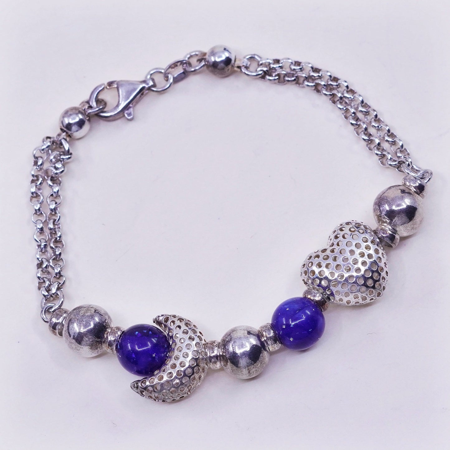 6.25”, vtg sterling silver bracelet, 925 circle chain heart charm lapis beads