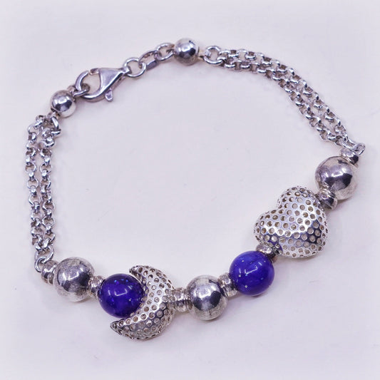 6.25”, vtg sterling silver bracelet, 925 circle chain heart charm lapis beads