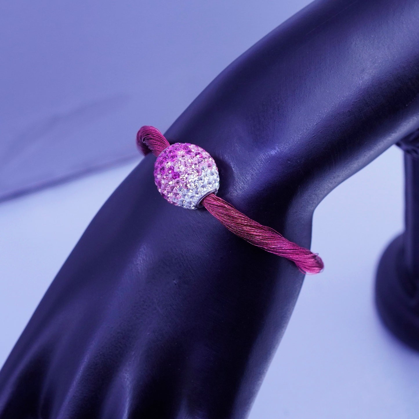 6.5”, vtg Sterling 925 silver handmade bracelet, pink silk thread chain bead