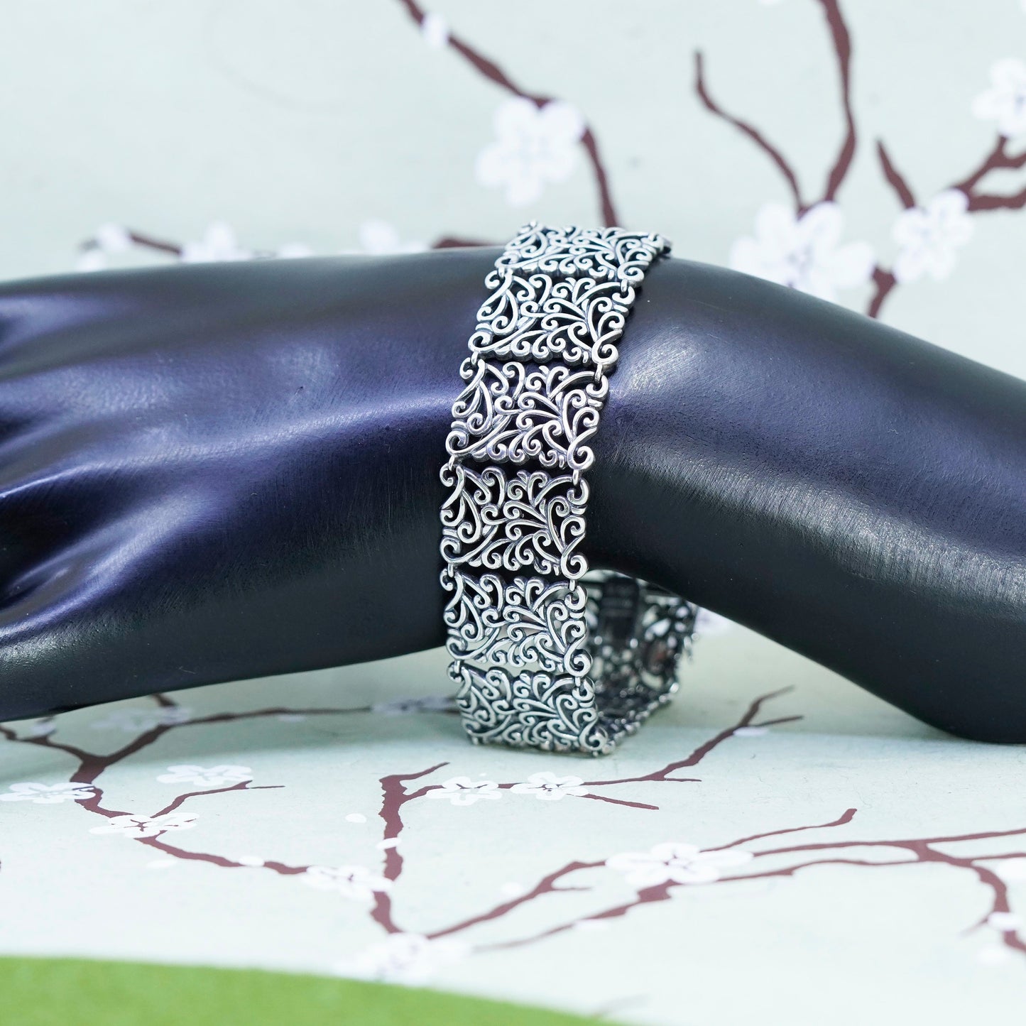 7.25”, vintage Sterling Silver 925 chain, wide filigree tennis Bracelet