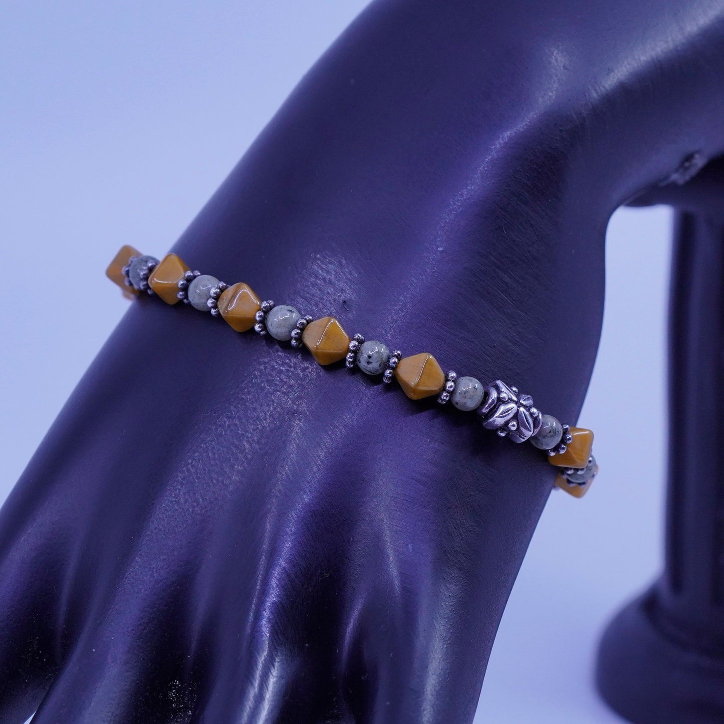 7”, vintage Sterling 925 silver bracelet with golden tiger eye jasper beads